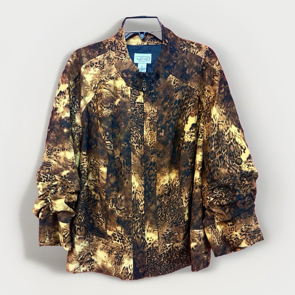 Molly & Max Leopard Animal Print High Neck Women's Ruched Sleeve Jacket Plus 2X